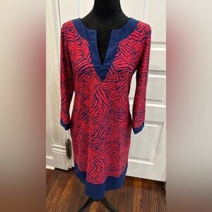 Jude Connally Designer V Neck 3/4 Sleeve Red Navy Zebra Sheath Dress Sz S 131946